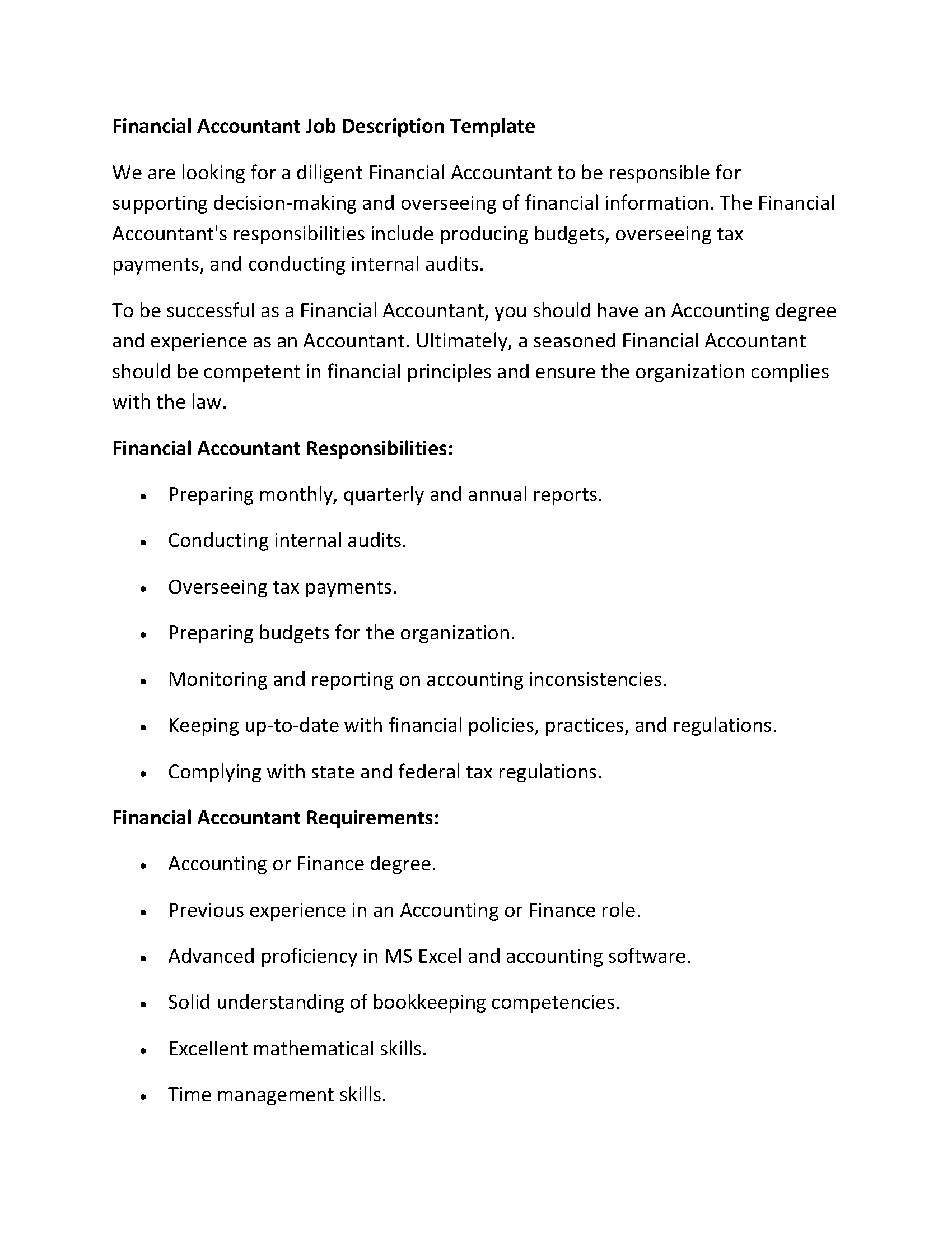 Financial Accountant Job Description Template